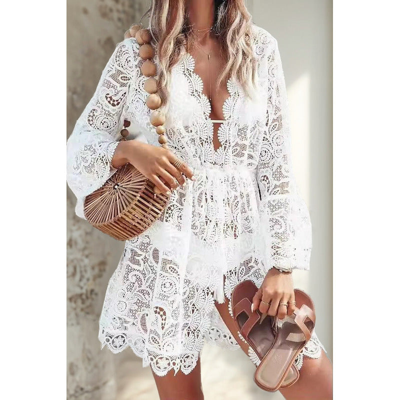 Vestido Corto Pareo Salida De Playa Encaje Flores Uniteduy