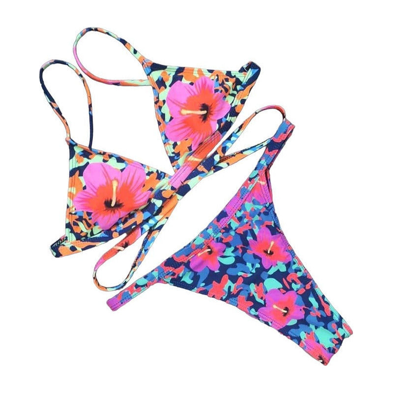 Bikini Malla Espalda Cruzada Camuflado Con Flores Triangulo