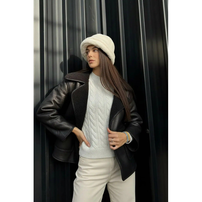 Campera Gamulán Cuello Solapa  Mujer Con Corderito Negro