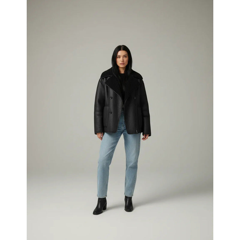 Campera Gamulán Cuello Solapa  Mujer Con Corderito Negro