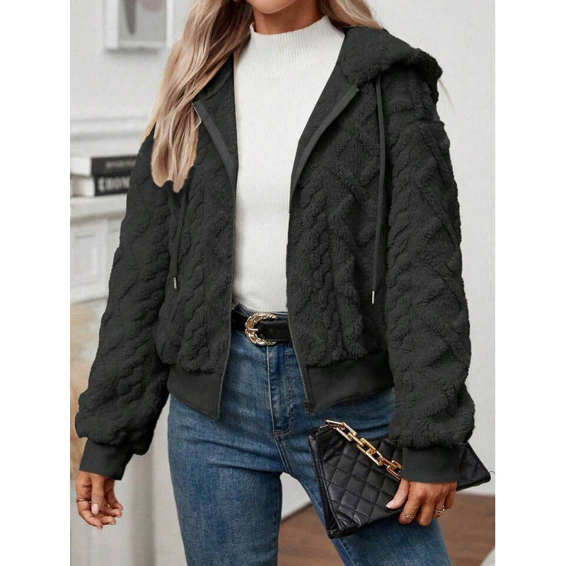 Campera Corta Trenzada Puños Capucha Polar Peluda Uniteduy