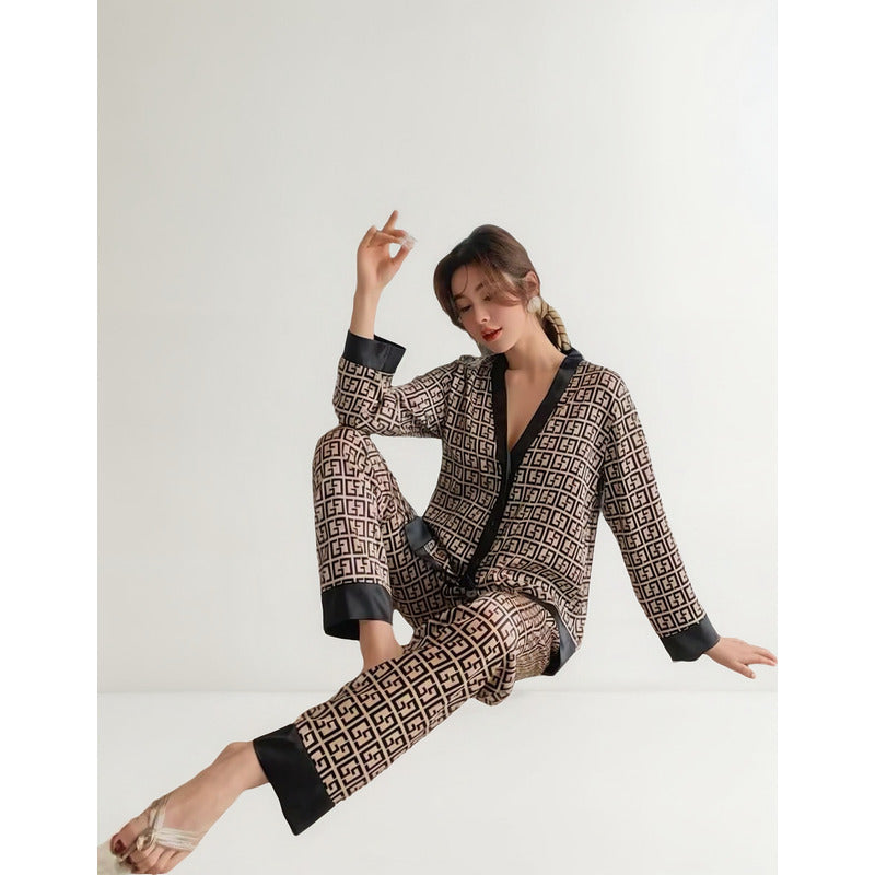 Pijama Seda Fria Saten Estampados Pantalon Y Camisa En V