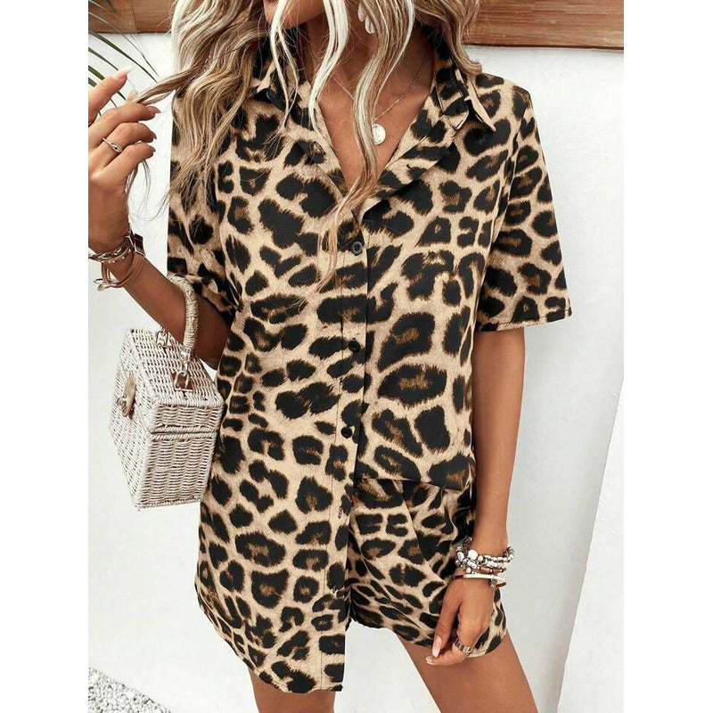 Conjunto Camisa Manga Corta Short Con Elástico Animal Print