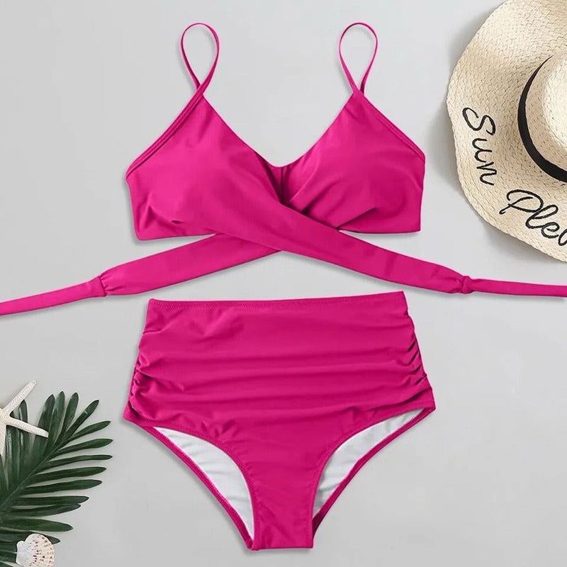 Bikini Tiro Alto Liso Push Up Cruzado Uniteduy