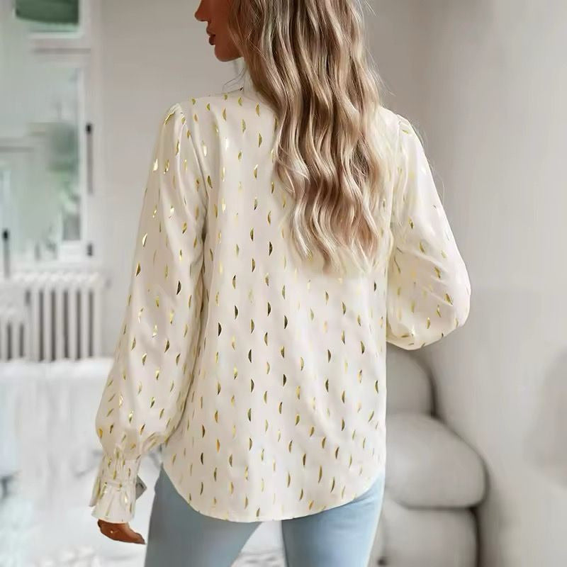 Camisa Blusa Manga Larga Cuello V Manga Volados Con Dorado