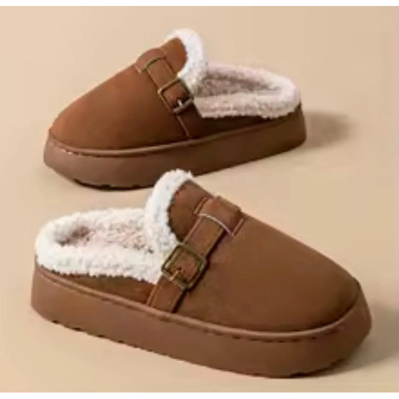Pantuflas Mujer Con Corderito Altas Sin Talón Y Hebilla
