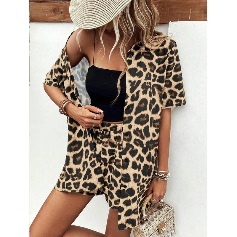 Conjunto Camisa Manga Corta Short Con Elástico Animal Print