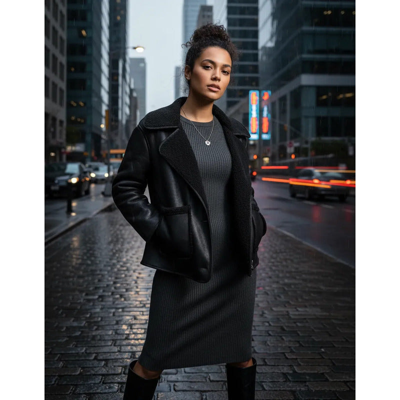 Campera Gamulán Cuello Solapa  Mujer Con Corderito Negro