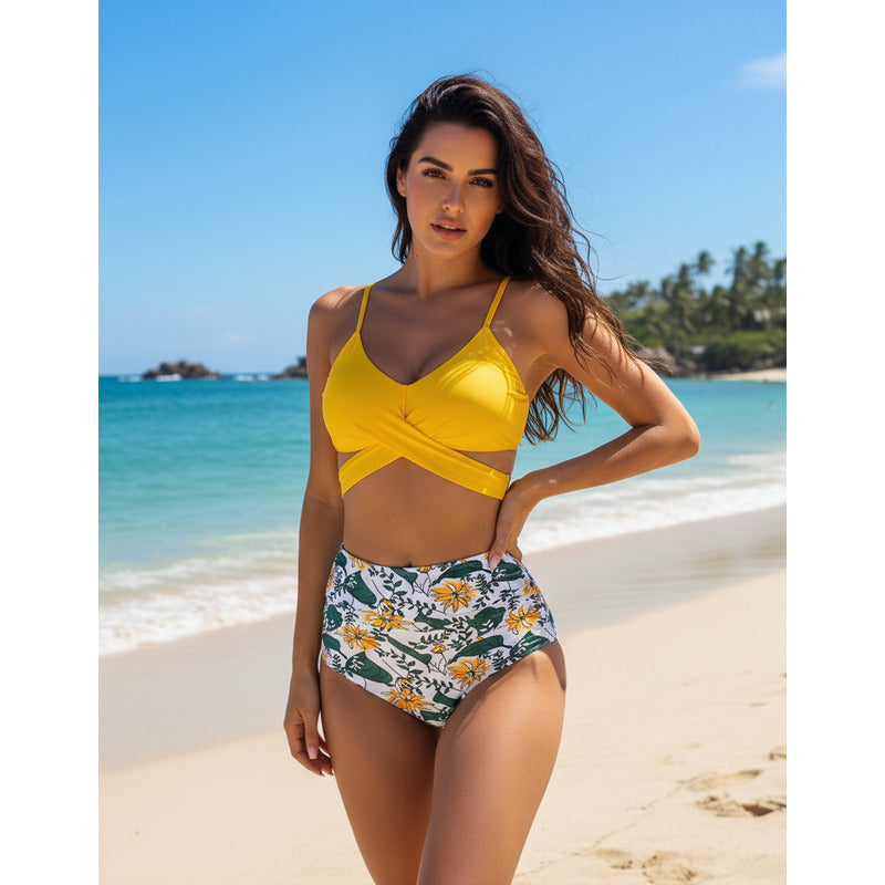 Bikini Mallas Tiro Alto 2 Piezas Push Up Cruzado Uniteduy