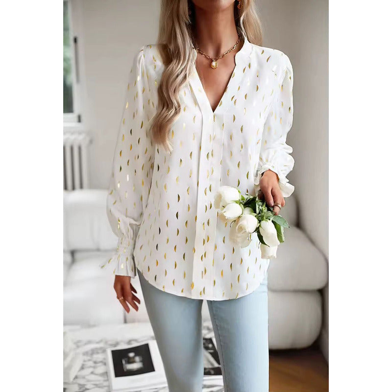 Camisa Blusa Manga Larga Cuello V Manga Volados Con Dorado
