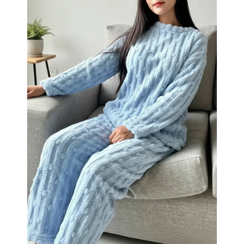 Pijama Peluche Invierno Dama Largo Texturado Con Puntos