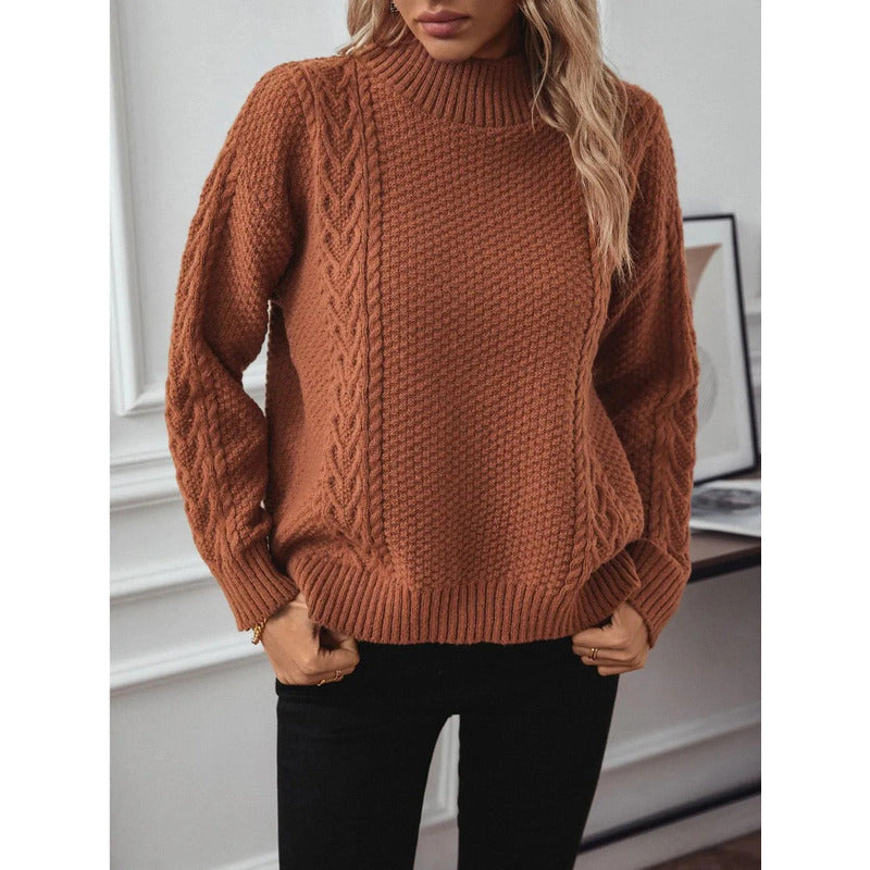 Sweater Buzo De Dama Tejido Trenzado Con Cuello Alto Y Tajo