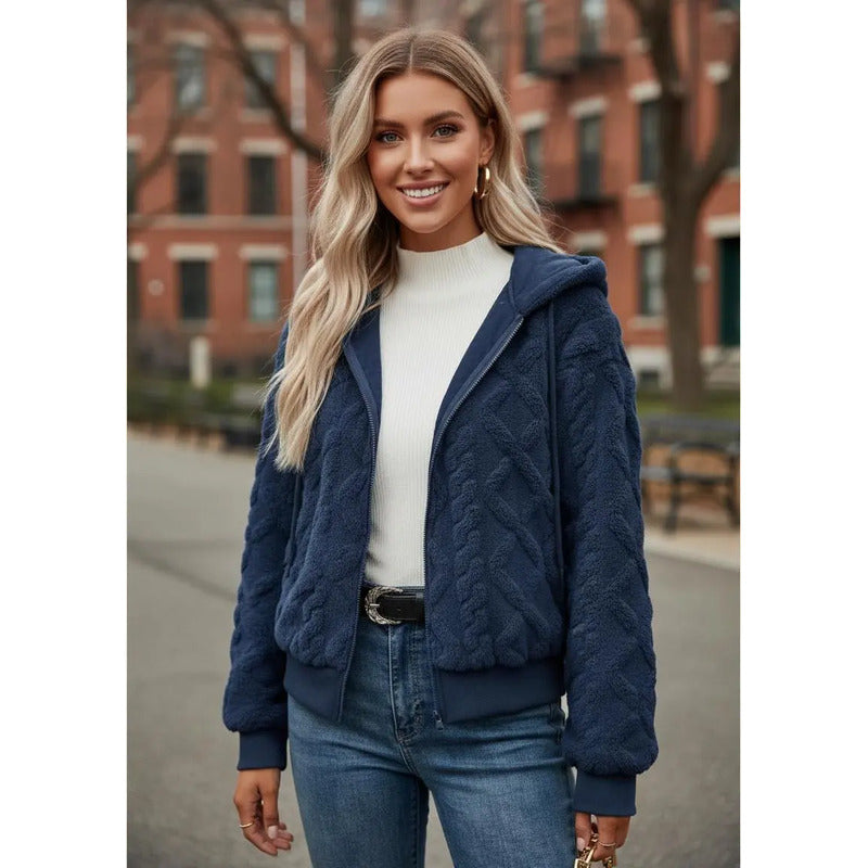 Campera Corta Trenzada Puños Capucha Polar Peluda Uniteduy