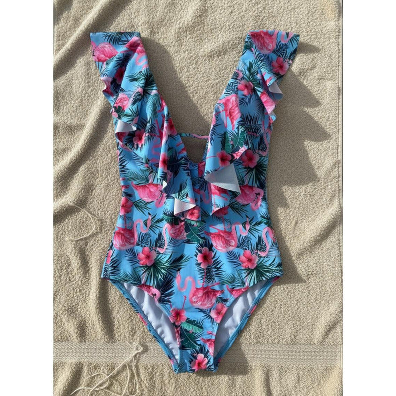 Enteriza Bikini Malla Con Volados Estampa Flamencos Celeste