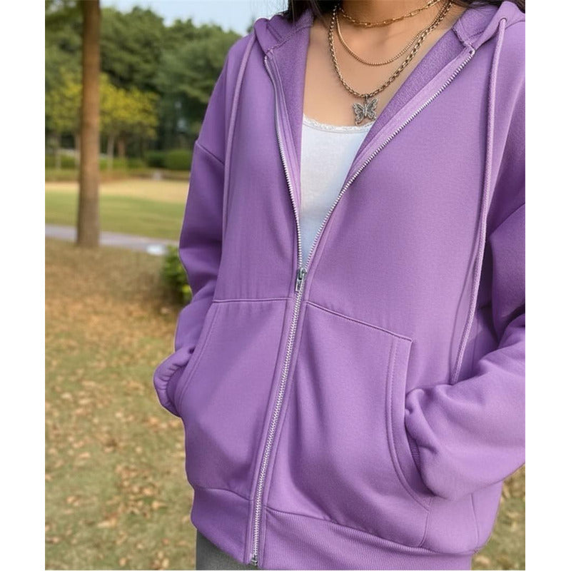 Campera Canguro Con Cierre Bolsillos Capucha Dama Lisa