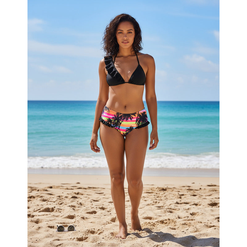 Bikini Estampado Palmeras Tiro Medio Con Volados Uniteduy