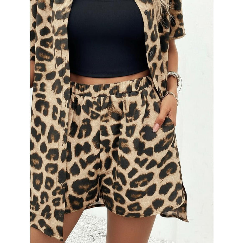 Conjunto Camisa Manga Corta Short Con Elástico Animal Print