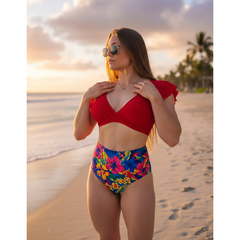Bikini Tiro Alto Ani Rojo Flores Mujer - Uniteduy