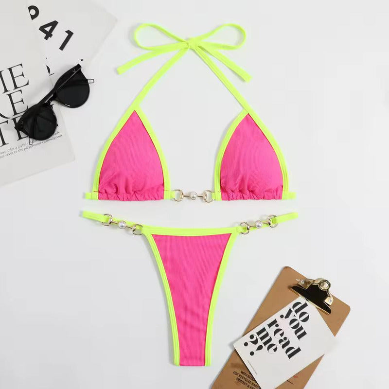 Bikini Triangulo Cadena Con Perla Colaless Varios Colores