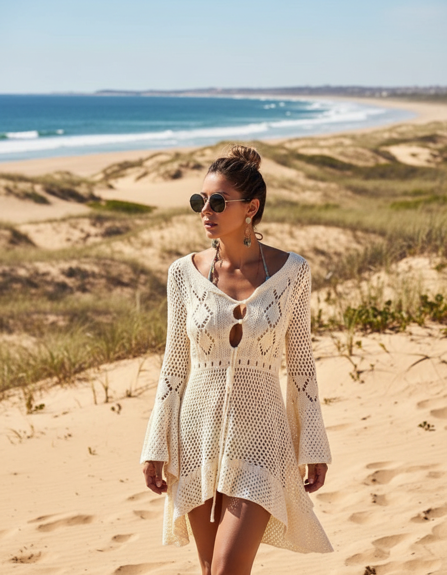 Vestido De Playa Calado Tejido Manga Larga Uniteduy