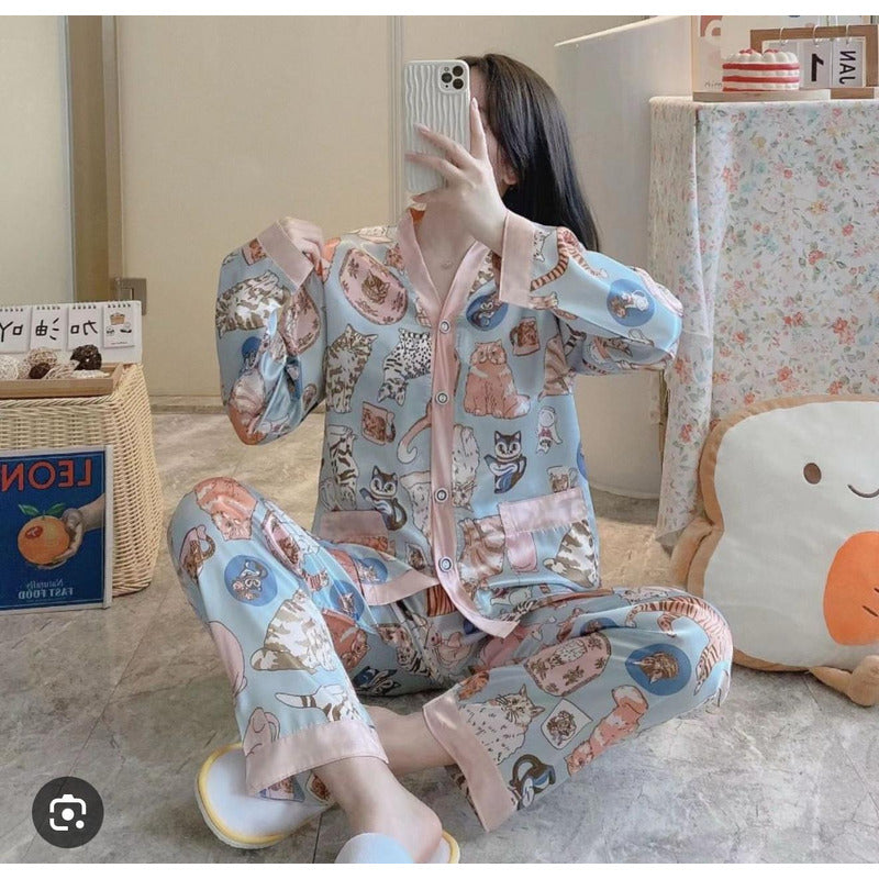 Pijama Seda Fria Saten Estampados Pantalon Y Camisa En V