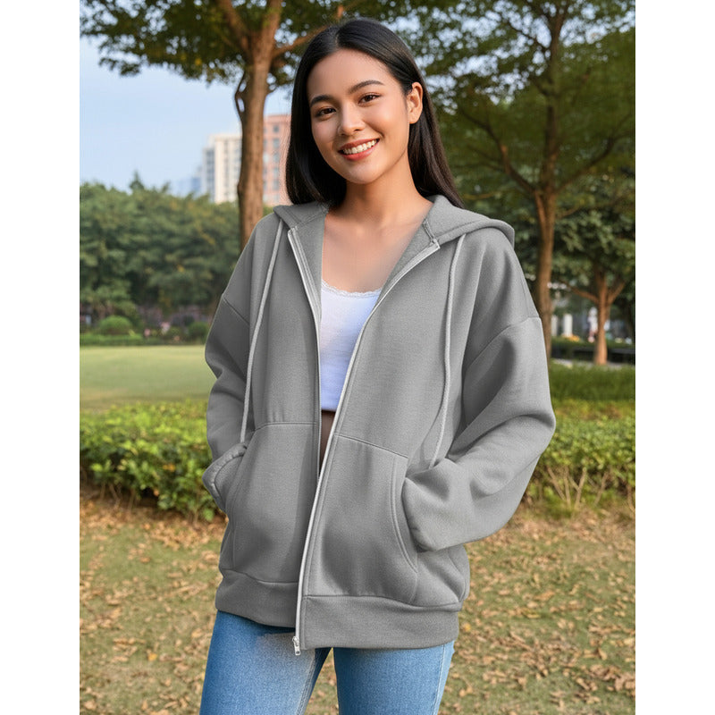 Campera Canguro Con Cierre Bolsillos Capucha Dama Lisa