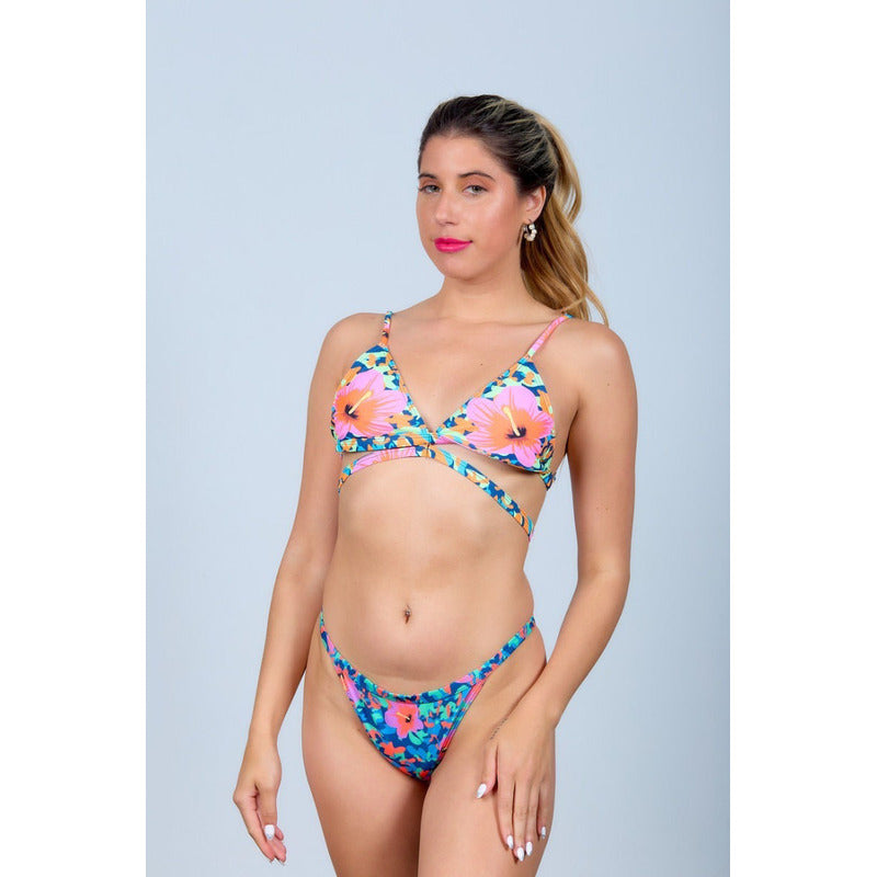 Bikini Malla Espalda Cruzada Camuflado Con Flores Triangulo