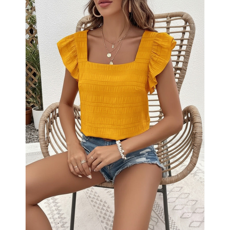 Blusa Remera Cuello Cuadrado Con Manga Corta Volado Uniteduy