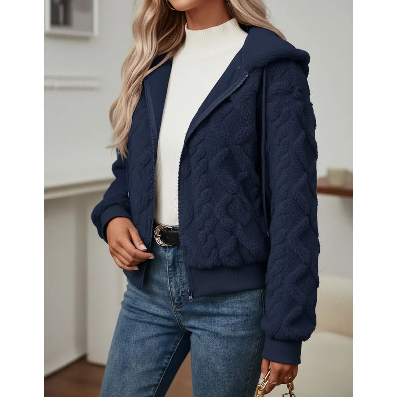 Campera Corta Trenzada Puños Capucha Polar Peluda Uniteduy