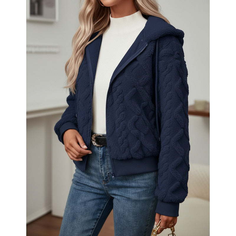 Campera Corta Trenzada Puños Capucha Polar Peluda Uniteduy