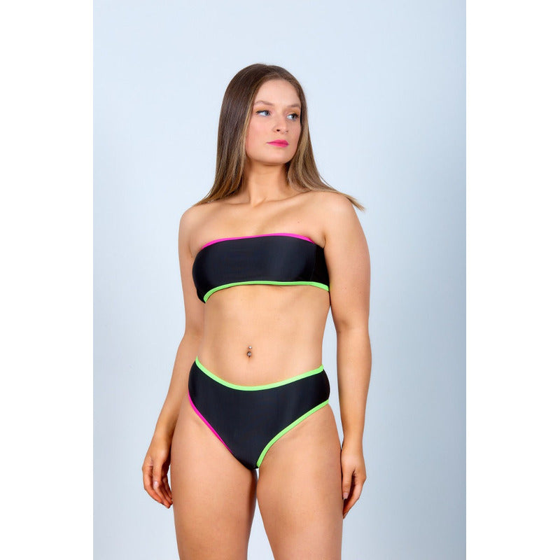 Bikini Tiro Medio Negro Sin Bretel Con Fucsia Y Verde