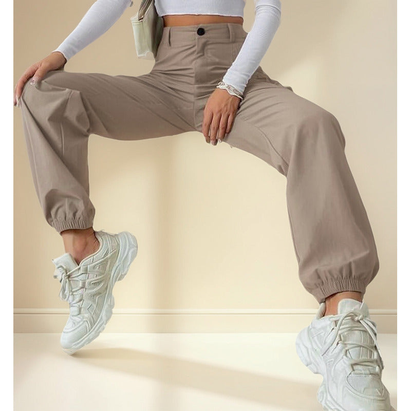 Pantalón Cargo Dama Con Bolsillos Y Puños Negro Y Beige