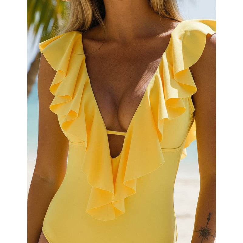 Enteriza Bikini Malla Entera Con Volados Amarilla Lisa