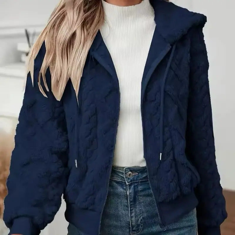 Campera Corta Trenzada Puños Capucha Polar Peluda Uniteduy