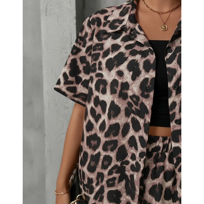 Conjunto Camisa Manga Corta Short Con Elástico Animal Print