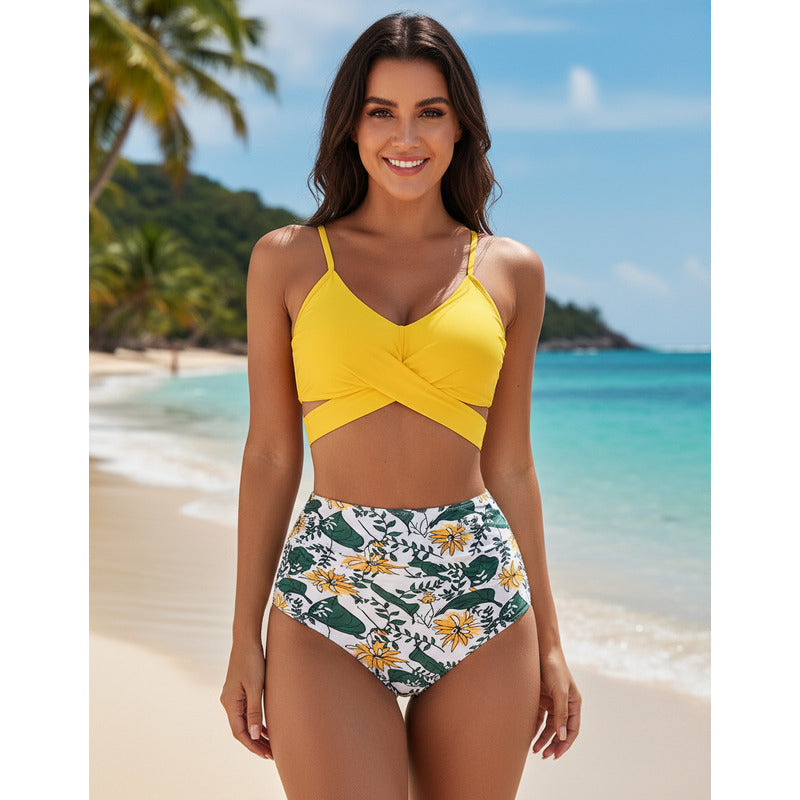 Bikini Mallas Tiro Alto 2 Piezas Push Up Cruzado Uniteduy