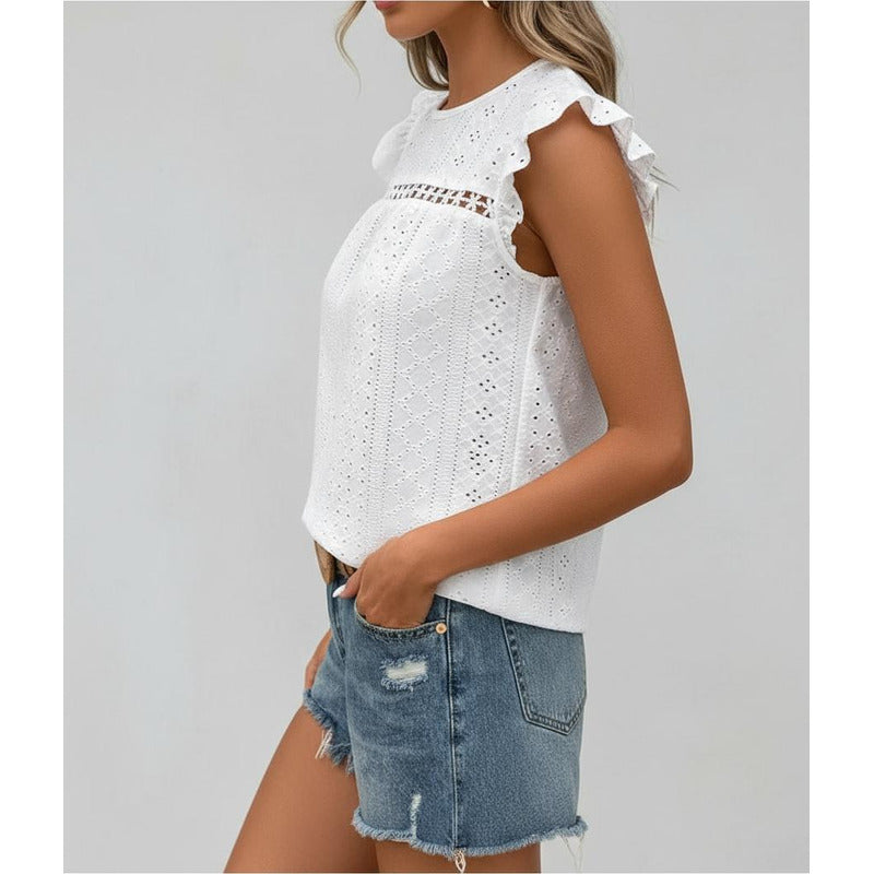 Blusa Remera Broderie Manga Corta Volados Varios Colores