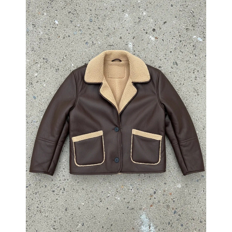 Campera Gamulán Corderito Cuello Solapa Marrón Para Mujer