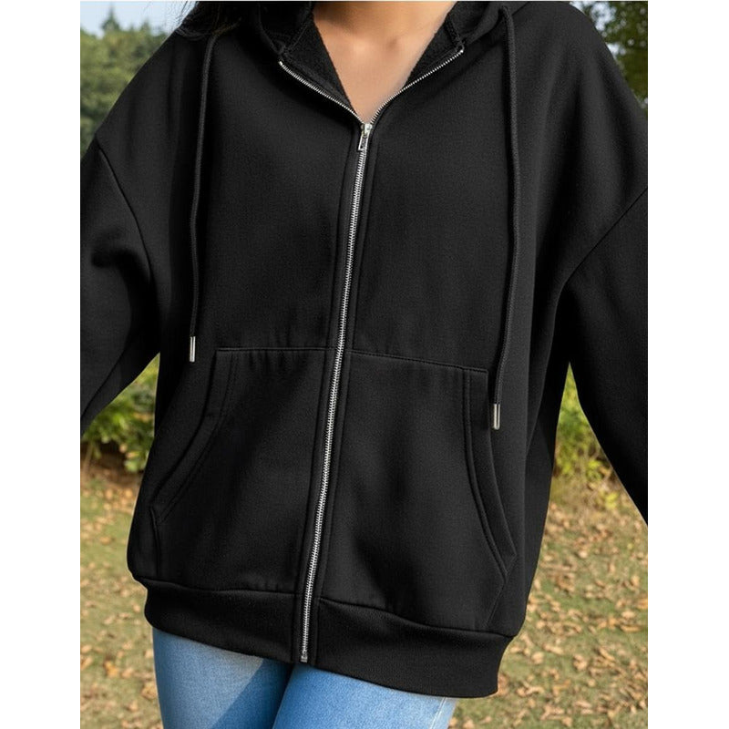 Campera Canguro Con Cierre Bolsillos Capucha Dama Lisa