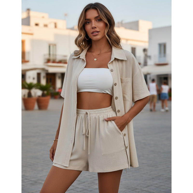 Conjunto Camisa Manga Corta Short Con Elástico Y Cordón