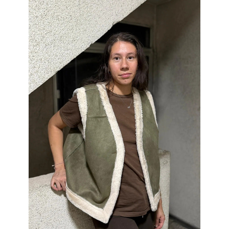 Chaleco De Dama Gamulán Forrado Con Corderito Verde Militar