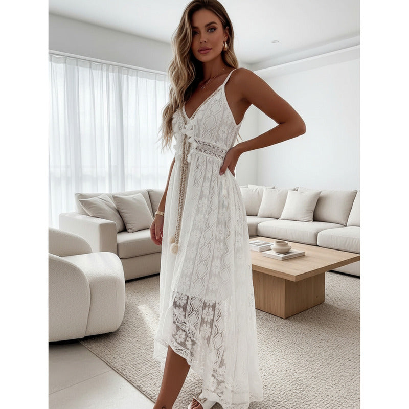 Vestido Verano Playa Falda Irregular Encaje Calado Uniteduy