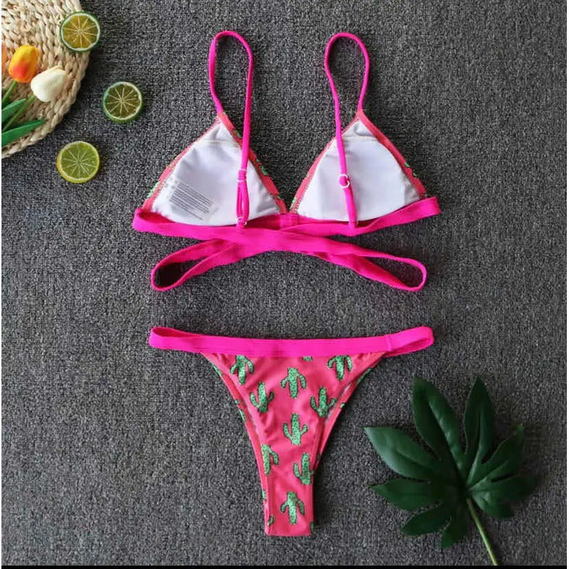 Bikini Fucsia Cactus! Con Espalda Cruzada