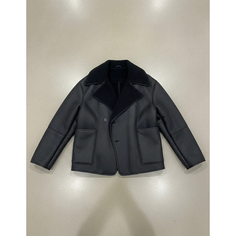 Campera Gamulán Cuello Solapa  Mujer Con Corderito Negro