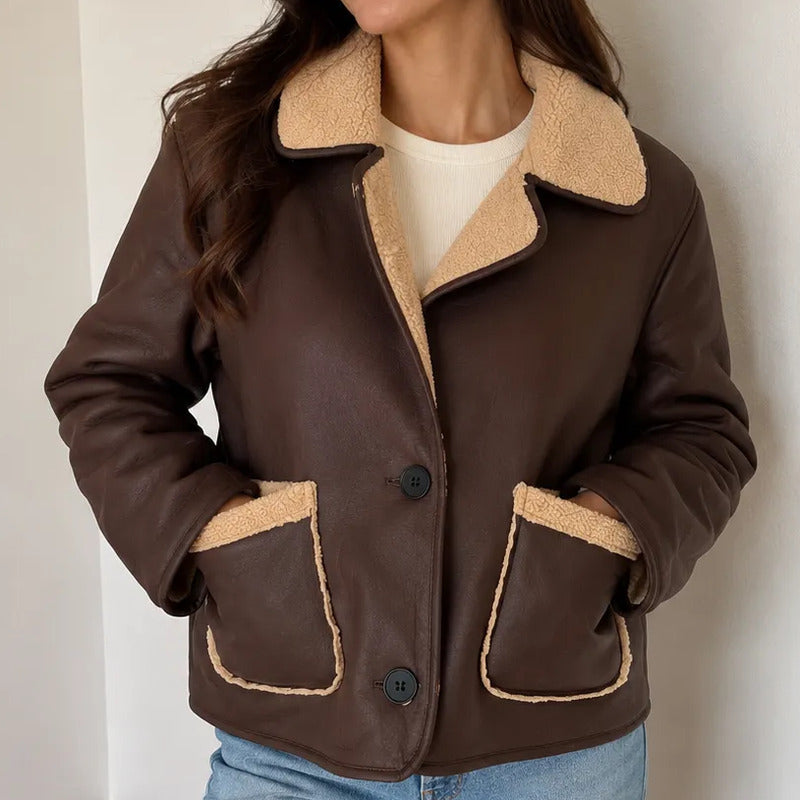 Campera Gamulán Corderito Cuello Solapa Marrón Para Mujer