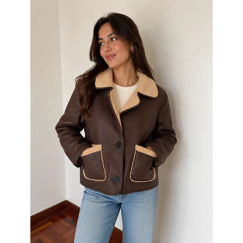 Campera Gamulán Corderito Cuello Solapa Marrón Para Mujer