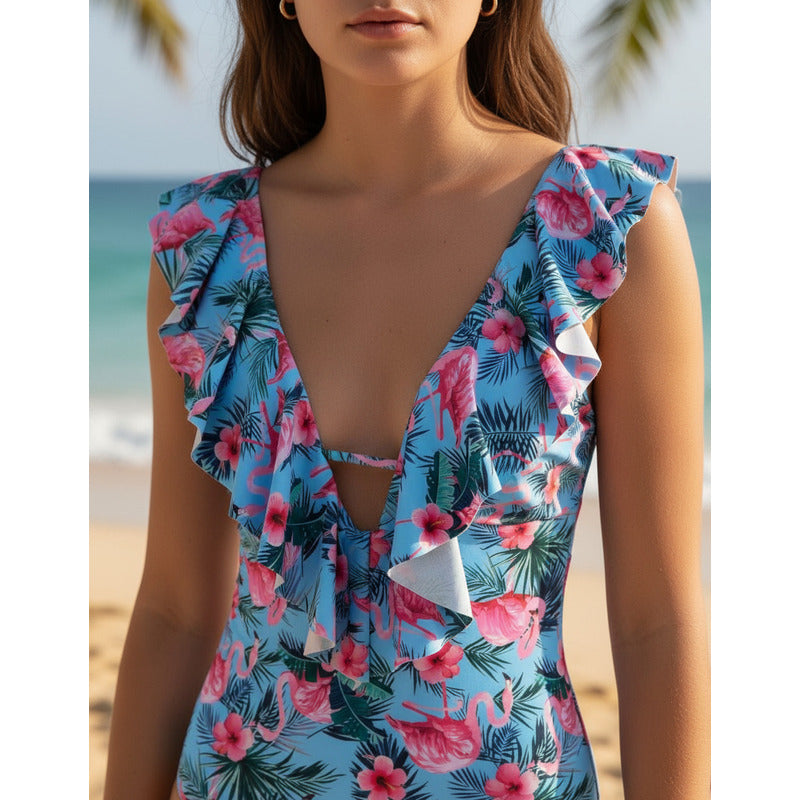 Enteriza Bikini Malla Con Volados Estampa Flamencos Celeste