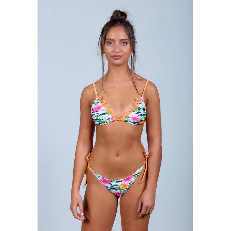 Bikini Malla Con Flores Naranja Fucsia Cola Less Y Tiras