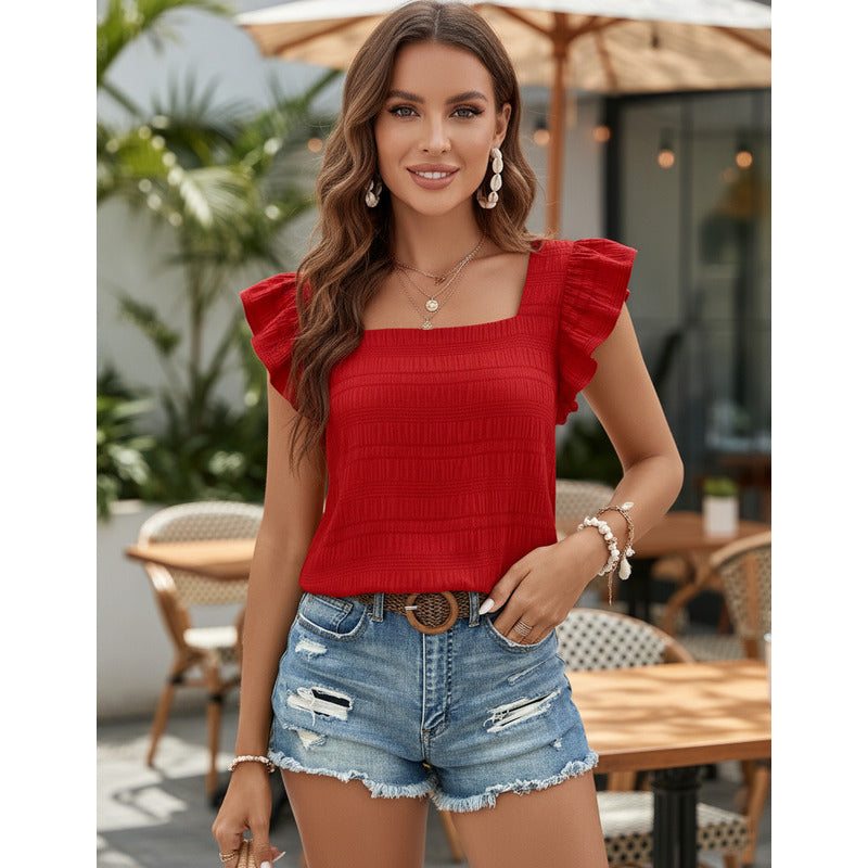 Blusa Remera Cuello Cuadrado Con Manga Corta Volado Uniteduy