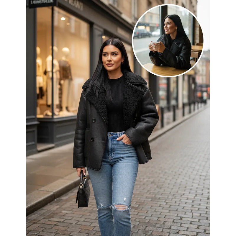 Campera Gamulán Cuello Solapa  Mujer Con Corderito Negro